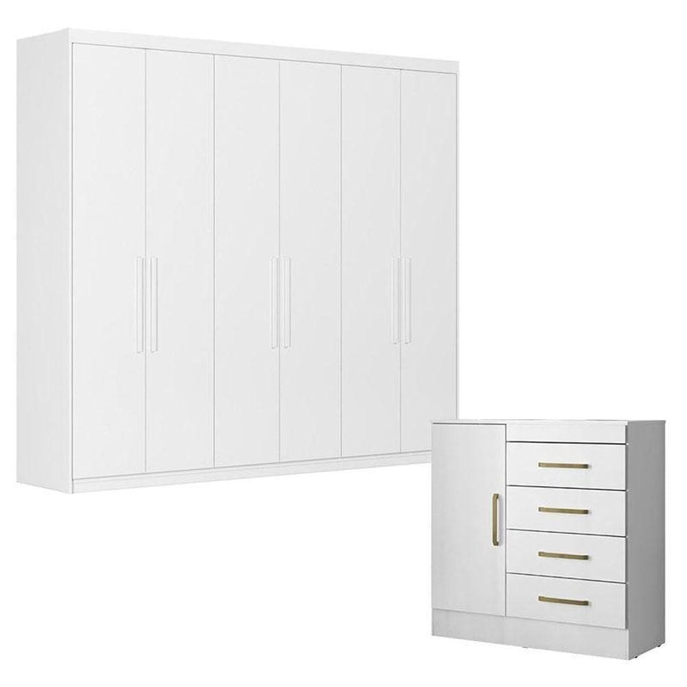 Cômoda Montevideu E Guarda Roupa Casal Venice 62080 Branco Brilho - Demóbile