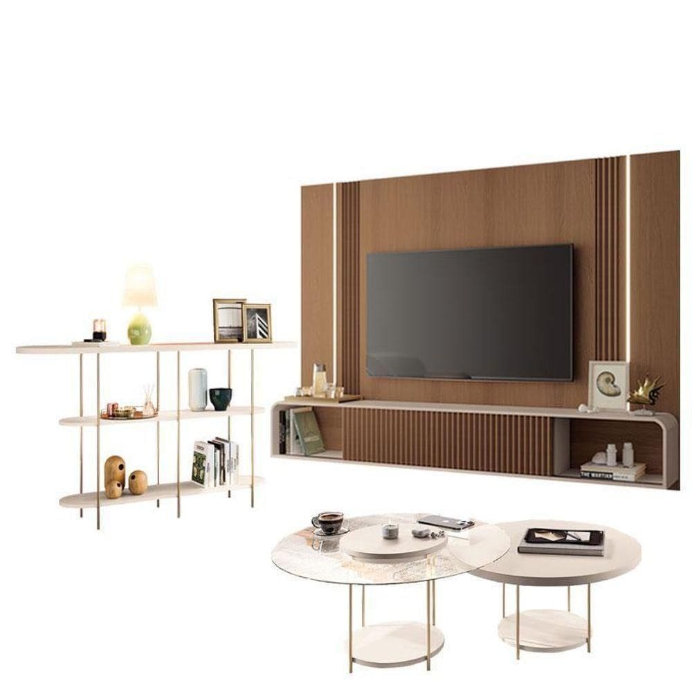 Home Suspenso Castanho Off White E Aparador Infinity E Kit Mesa De Centro Sky Off White- Hb Móveis