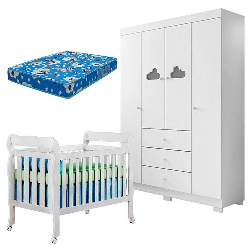 Berço Americano Lila E Guarda Roupa Ane Branco Brilho Com Colchão Ortobom – Phoenix Baby