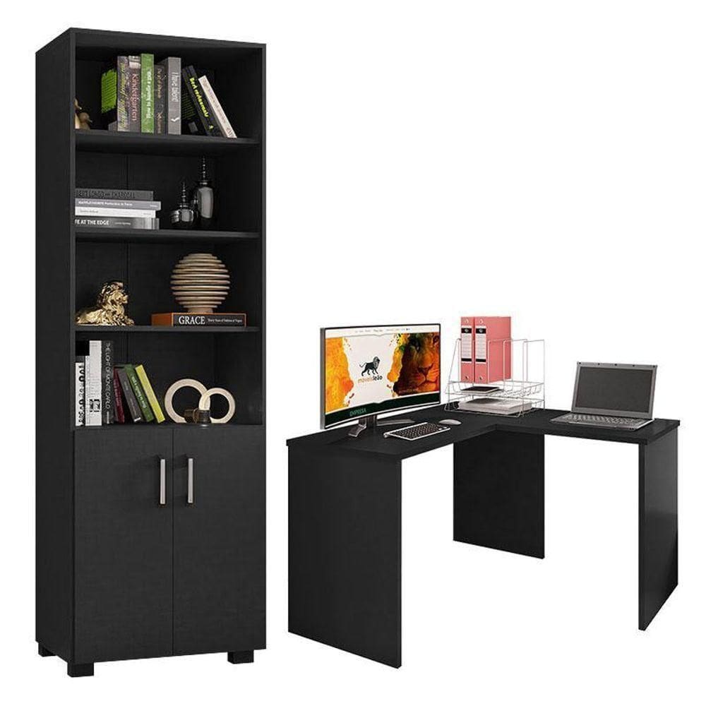 Mesa Para Computador Gávea Com Extensora E Livreiro Office Com Portas Pequenas Preto Trama - Móveis Leão