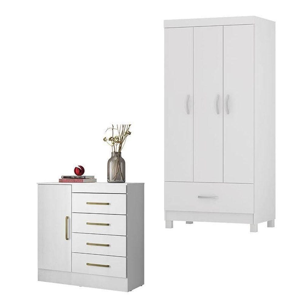 Cômoda Montevidéu E Guarda Roupa Solteiro Prince Branco - Demóbile