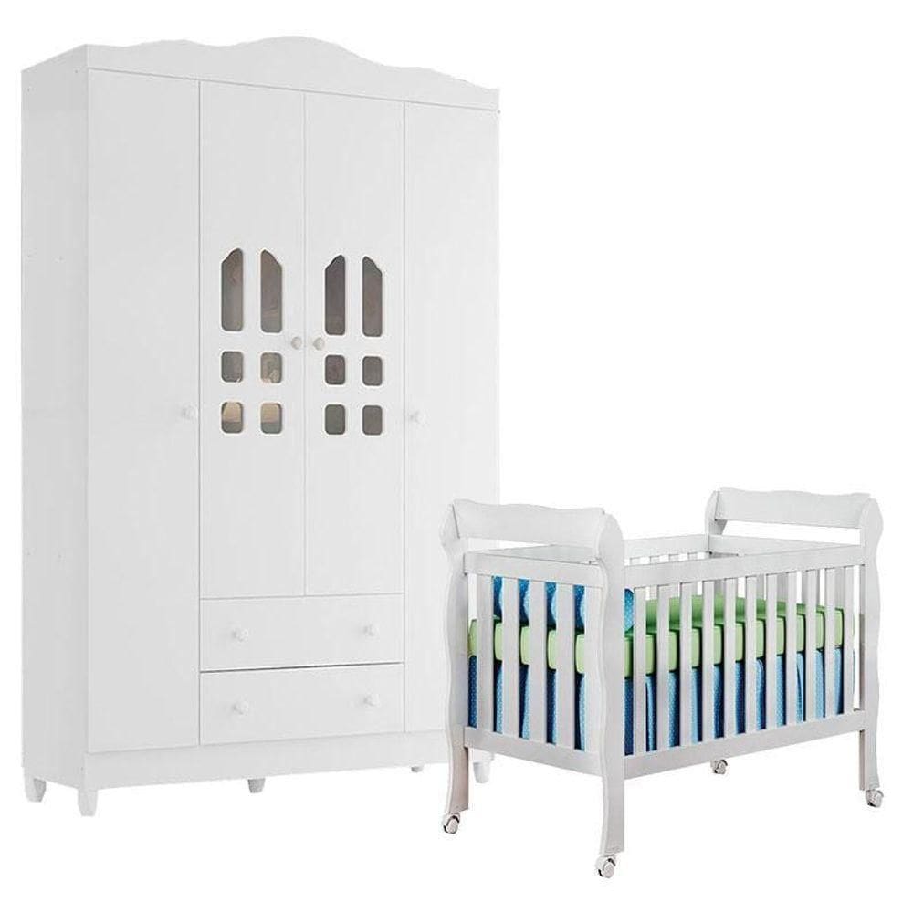 Berço Americano Lila E Guarda Roupa Infantil New Selena 4 Portas Branco Brilho - Carolina Móveis