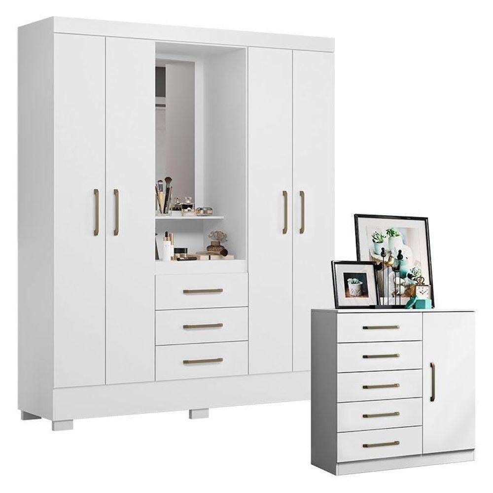 Cômoda Milão E Guarda Roupa Solteiro Paris 2045150 Branco - Aramóveis
