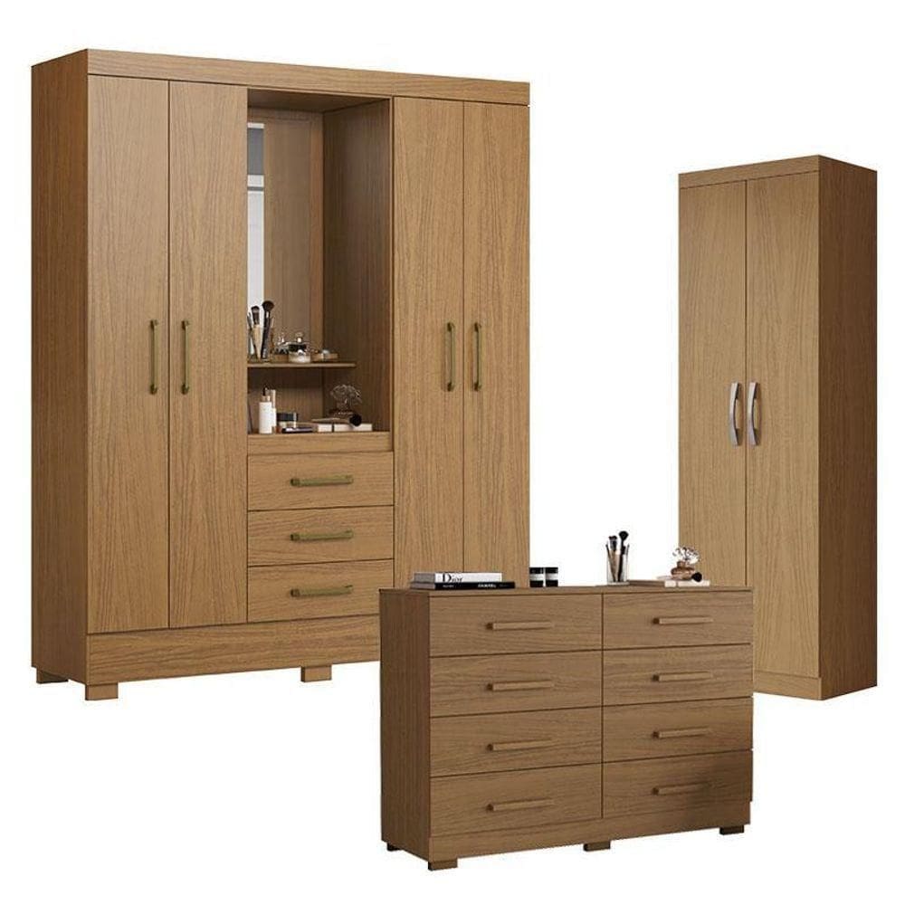 Guarda Roupa Solteiro Paris 2045150 Com Armário Multiuso 2000192 E Cômoda 2014148 Atacama - Aramóveis