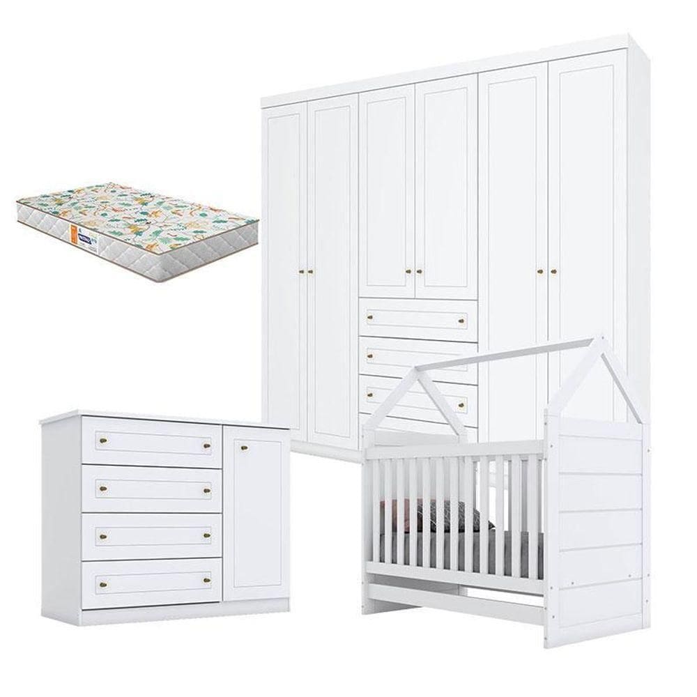 Quarto De Bebê Americano 6 Portas Com Berço Montessoriano Branco E Colchão Gazin - Henn