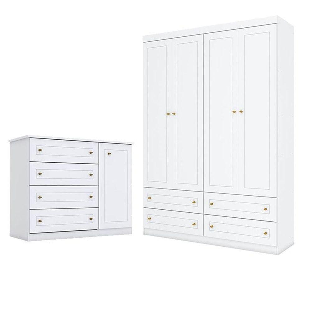 Cômoda E Guarda Roupa Infantil Americano 4 Portas Branco - Henn