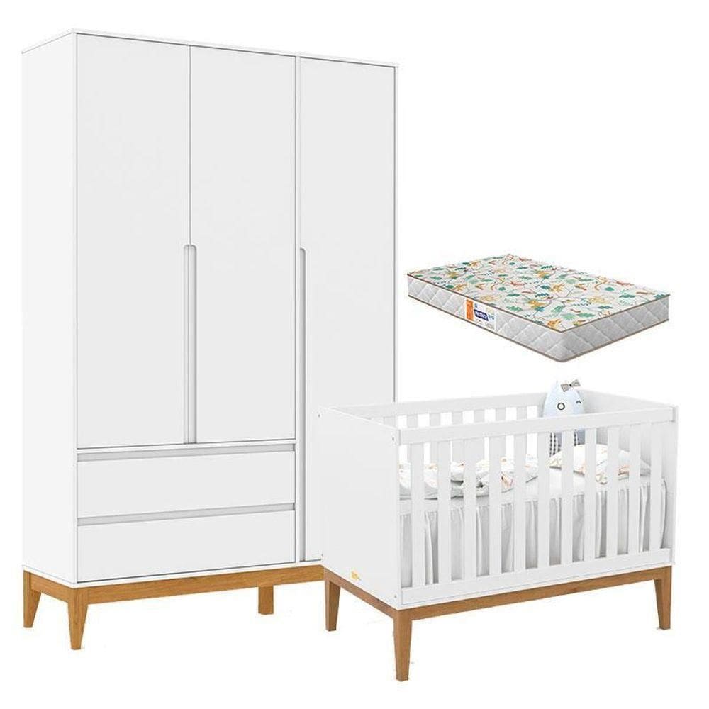 Berço Americano Unique E Guarda Roupa 3 Portas Nature Clean Branco Soft Eco Wood Com Colchão Gazin – Matic