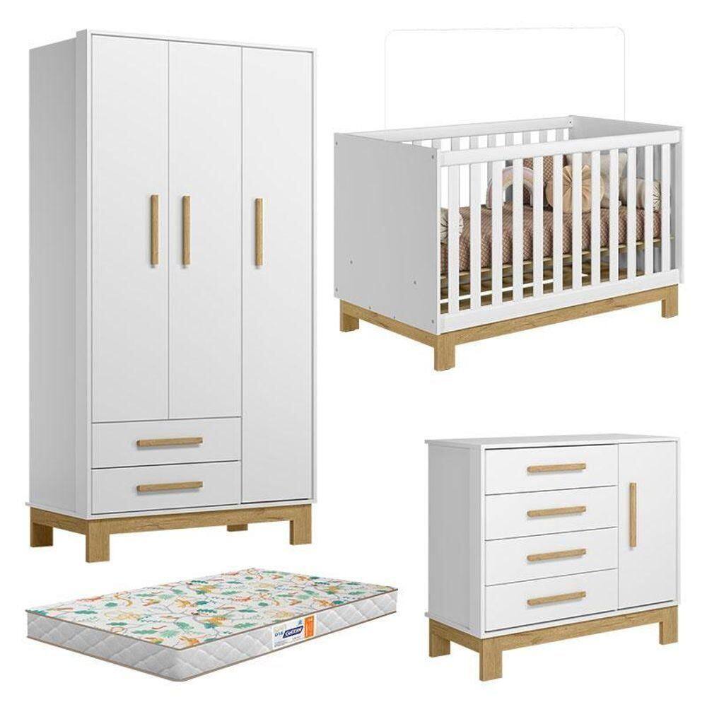 Quarto De Bebê Slim Branco Acetinado Com Colchão Gazin - Qmovi