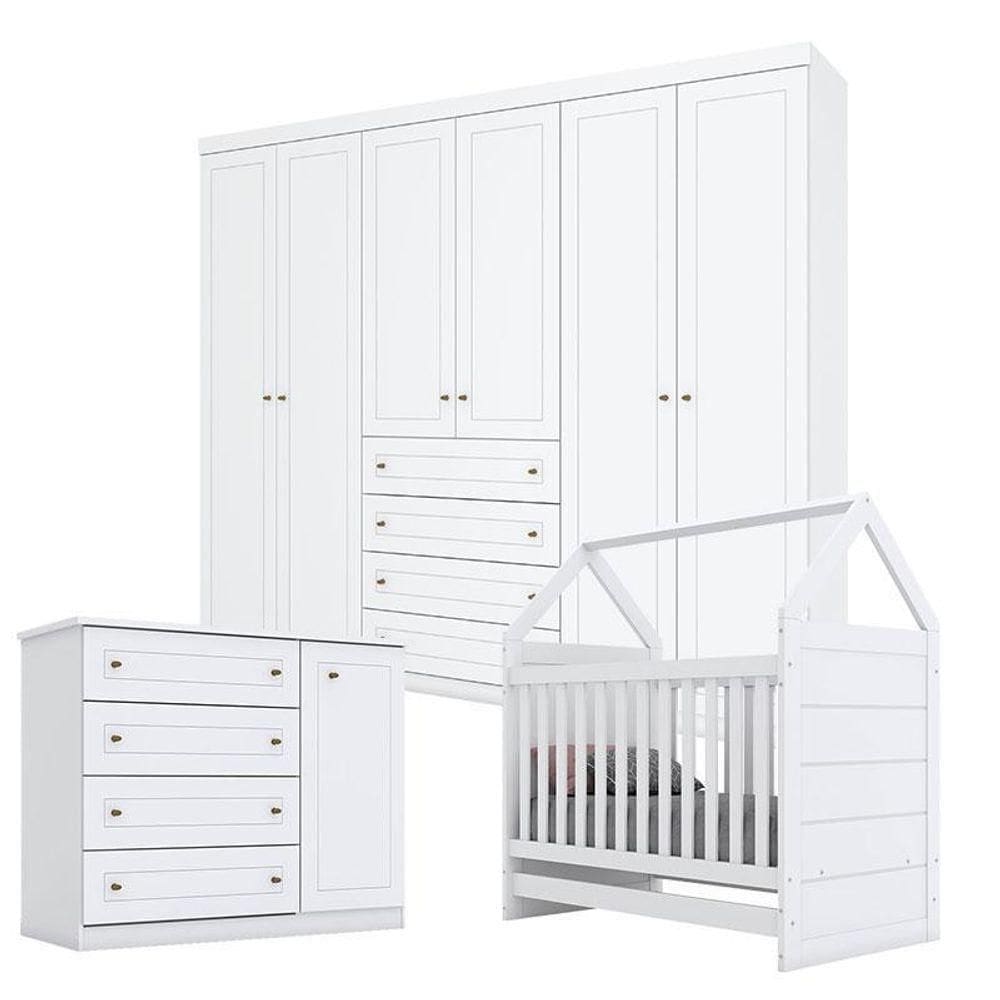 Quarto De Bebê Mississipi 6 Portas Com Berço Montessoriano Branco - Henn