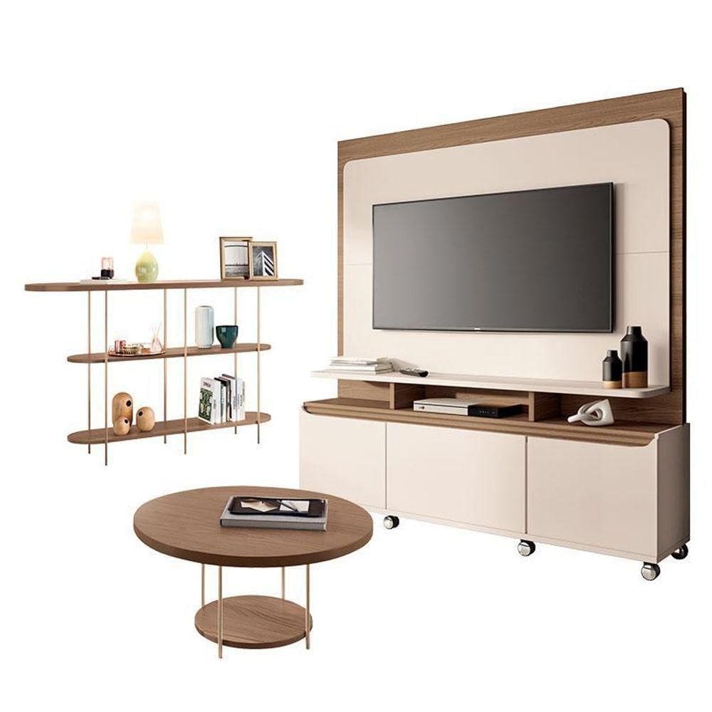 Estante Home Theater Quantum Off White Castanho E Aparador Infinity E Mesa De Centro Sky Castanho– Hb Móveis