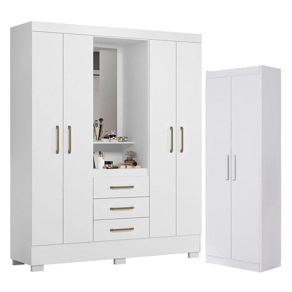 Guarda Roupa Solteiro Paris 2045150 E Armário Multiuso 2000191 Branco - Aramóveis