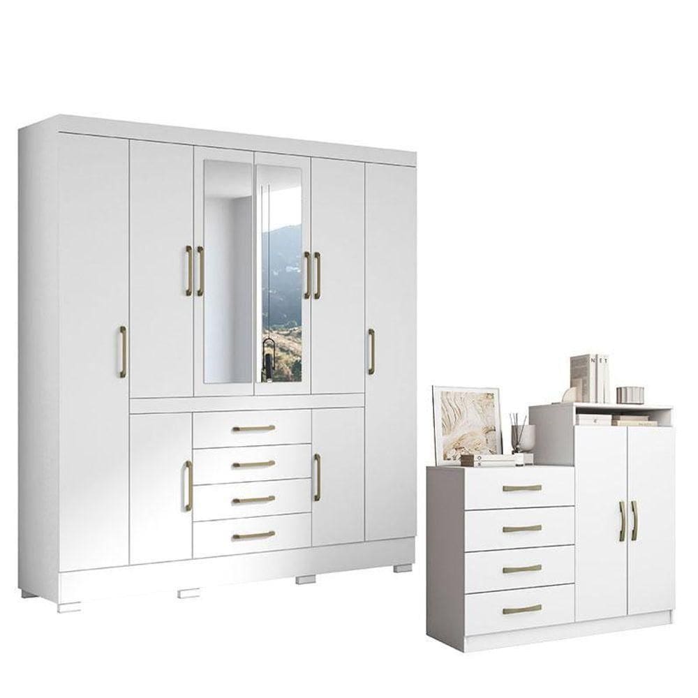 Cômoda Londres E Guarda Roupa Casal Nápole 2045149 Branco Brilho - Aramóveis