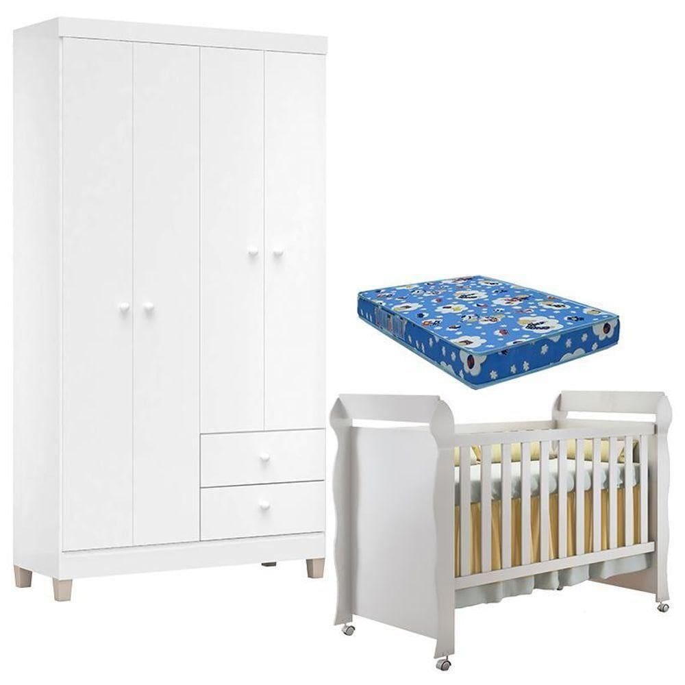 Berço Americano Mirelle Com Colchão E Guarda Roupa Ternura Baby 4 Portas Branco - Incorplac