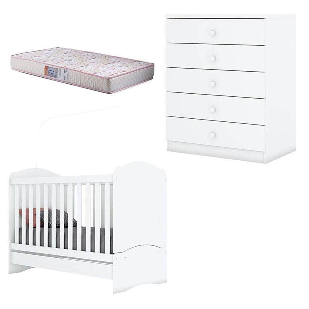 Berço Bala De Menta E Cômoda Infantil Pique-esconde Branco Com Colchão Gazin – Henn