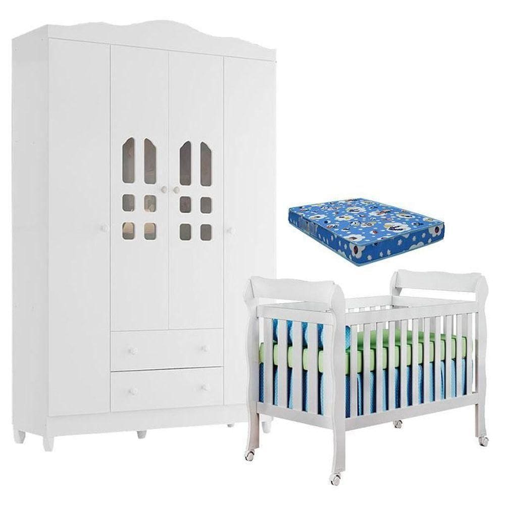 Berço Americano Lila E Guarda Roupa Infantil New Selena 4 Portas Branco Brilho Com Colchão Ortobom – Carolina Móveis