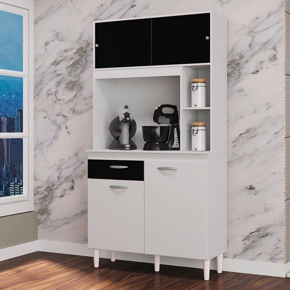 Armário Para Cozinha Ambiente Kit Duda 90 Cm Branco Preto - Poquema