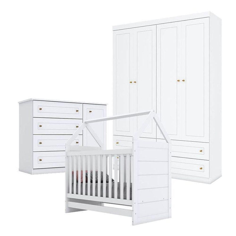Quarto De Bebê Mississipi 4 Portas Com Berço Montessoriano Americano Branco - Henn