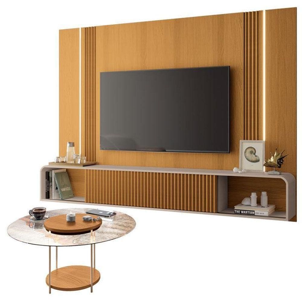 Home Suspenso Cinamomo Off White E Mesa De Centro Sky Com Tampo De Vidro Cinamomo- Hb Móveis
