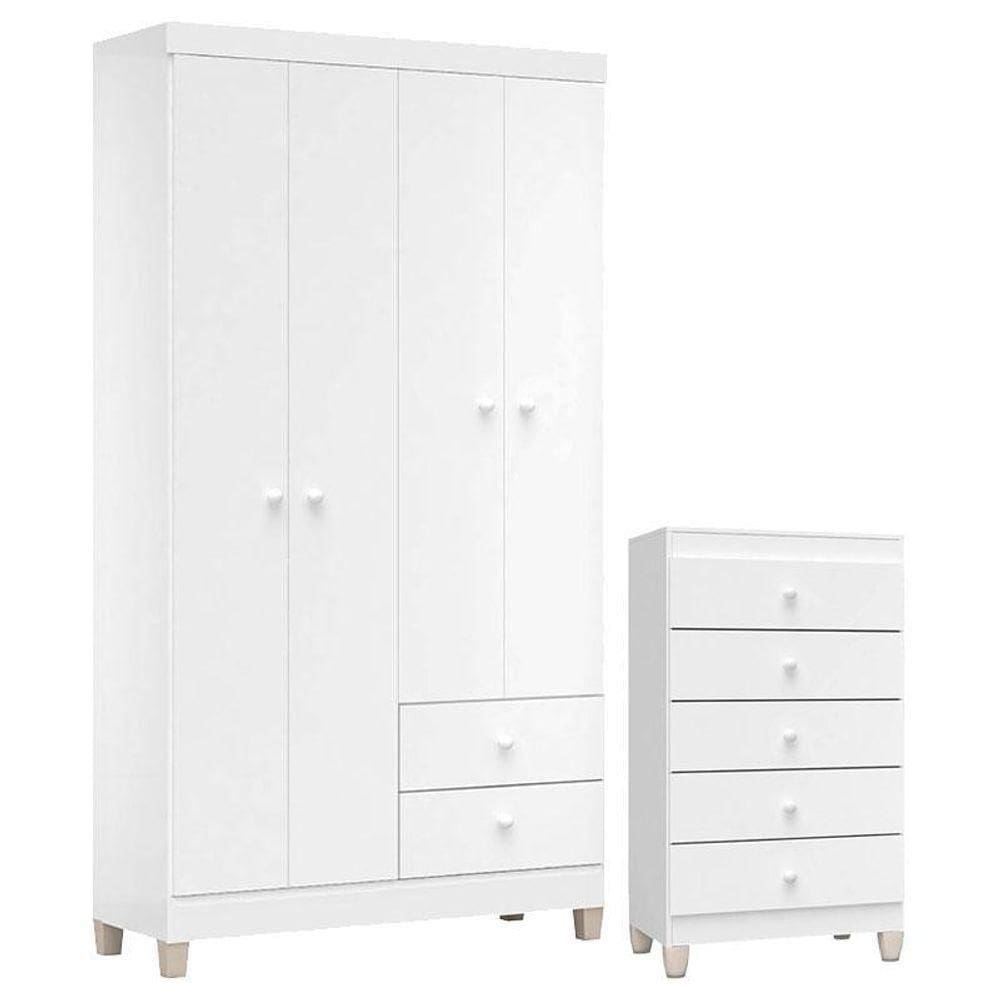 Cômoda Gaveteiro E Guarda Roupa 4 Portas Ternura Baby Branco – Incorplac