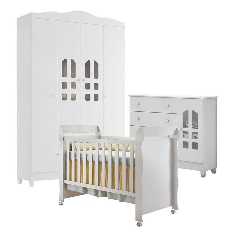 Quarto De Bebê New Selena 4 Portas Com Cômoda Selena E Berço Mirelle Branco Brilho – Carolina Móveis