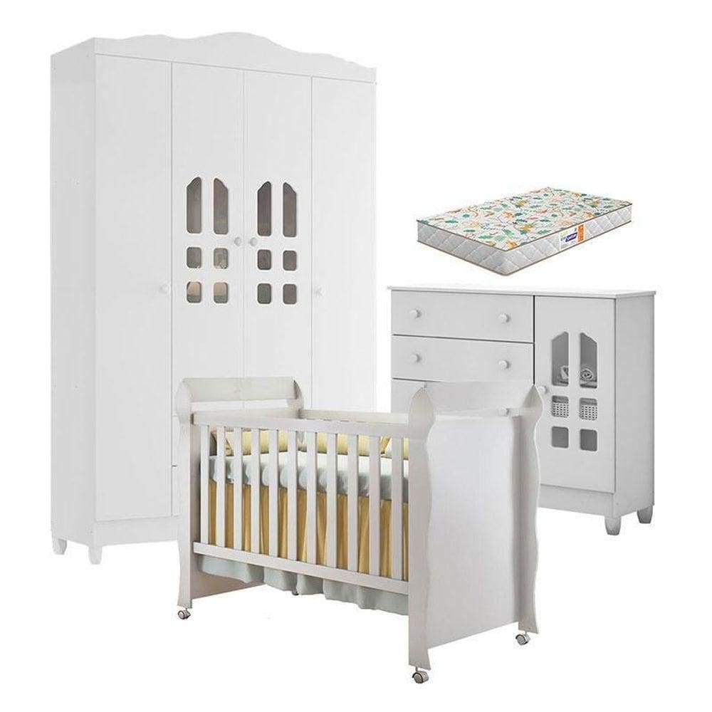 Quarto De Bebê New Selena 4 Portas Com Cômoda Selena E Berço Mirelle Branco Brilho E Colchão Gazin – Carolina Móveis