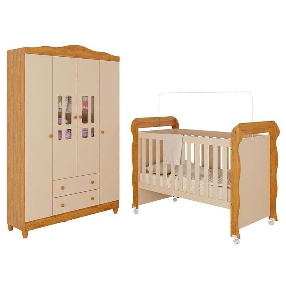 Berço Americano Mirelle E Guarda Roupa Infantil Ariel 4 Portas Off White Bétula– Carolina Baby