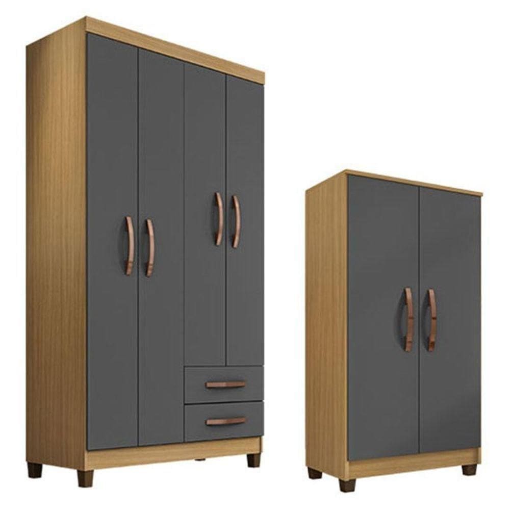 Guarda Roupa Solteiro Modena Com 4 Portas E Armário Multiuso Recife Carvalho Americano Grafite – Incorplac