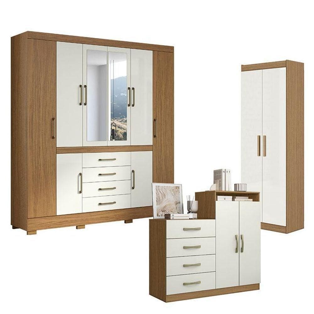 Guarda Roupa Casal Nápole 2045149 E Armário Multiuso 2000191 E Cômoda Londres Atacama Off White - Aramóveis