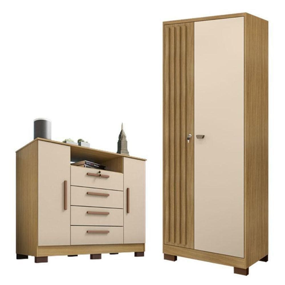 Comôda Madri Com Armário Multiuso Versátile Carvalho Americano Off White – Incorplac