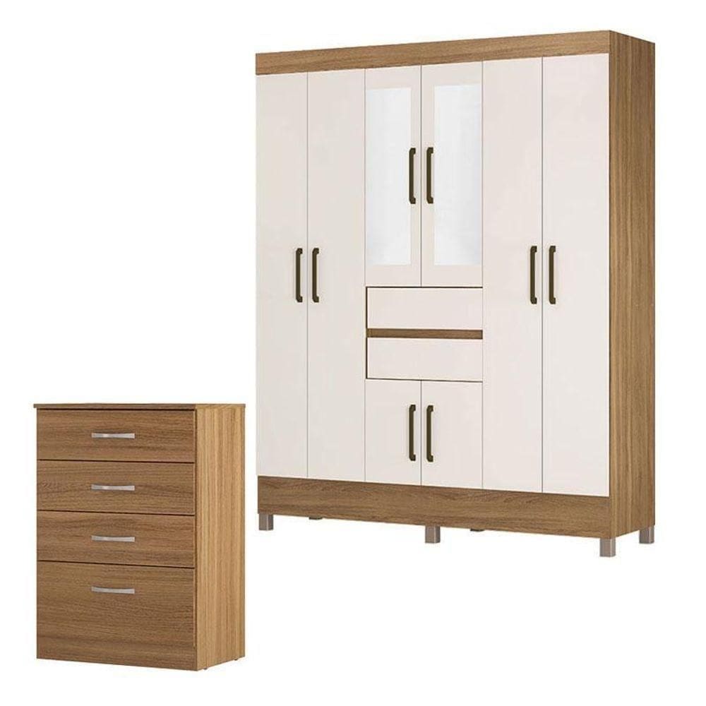 Cômoda Astral E Guarda Roupa Casal Munique Amêndola Off White Com Espelho - Demóbile