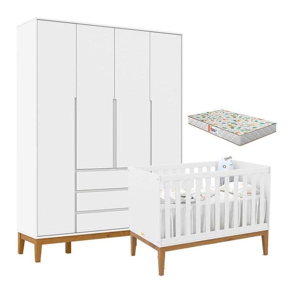 Berço Americano Unique E Guarda Roupa 4 Portas Nature Clean Branco Soft Eco Wood Com Colchão Gazin – Matic