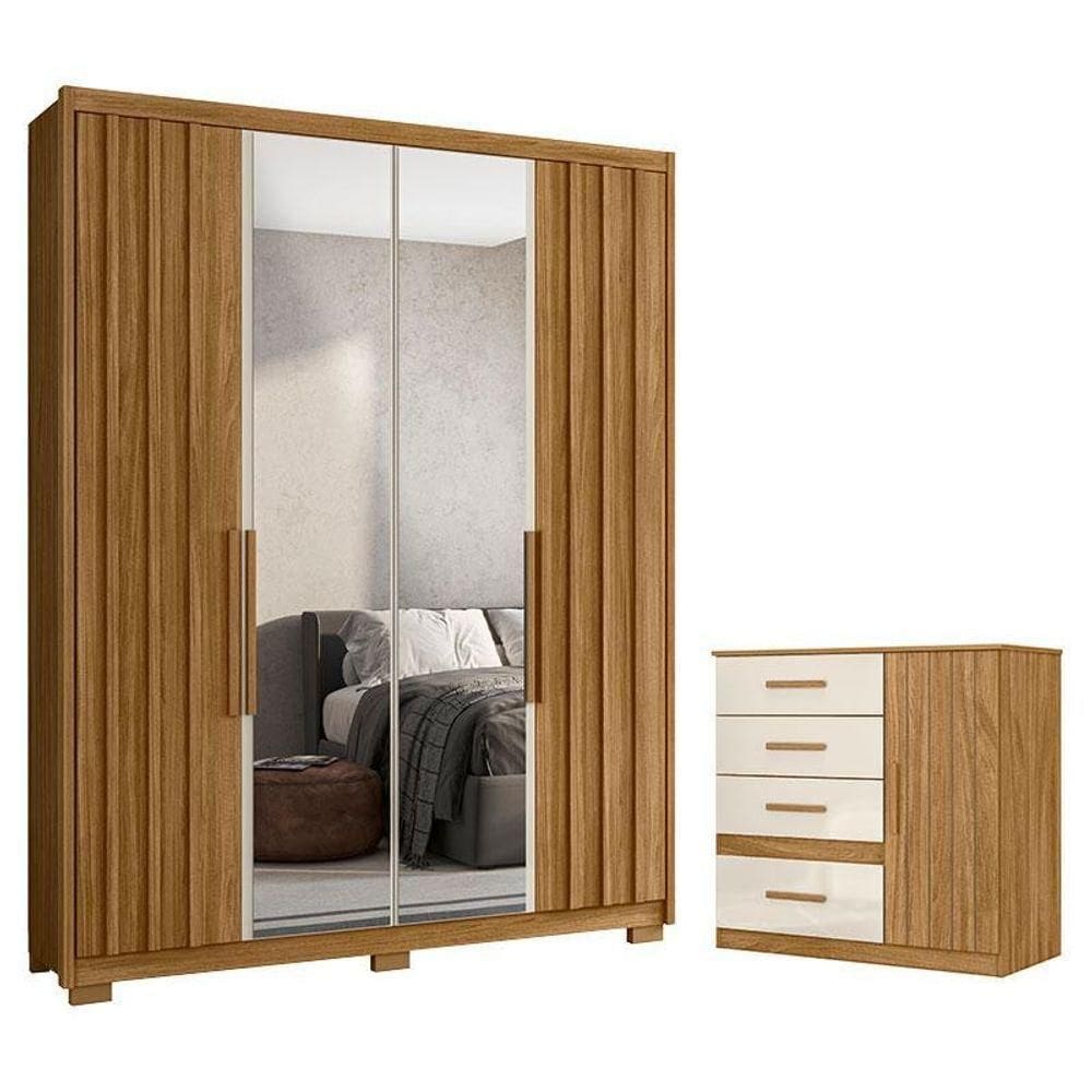 Guarda Roupa Solteiro Califórnia E Cômoda Vênus Freijó Off White Com Espelho - Moval