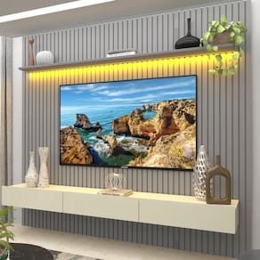 Painel para TV até 90 Polegadas 229x250cm Ripado com LED 3 Gavetas 100% MDF Cinza/Off White
