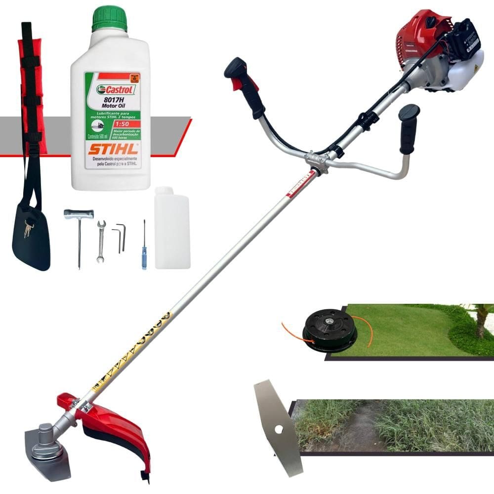 Roçadeira Máquina de Corta Grama Kawashima BCJ431-L À Gasolina 43cc 1,7HP Alta Rotação Completo Com Carretel de Nylon + Faca 2 Pontas + ÓLEO STIHL 2T