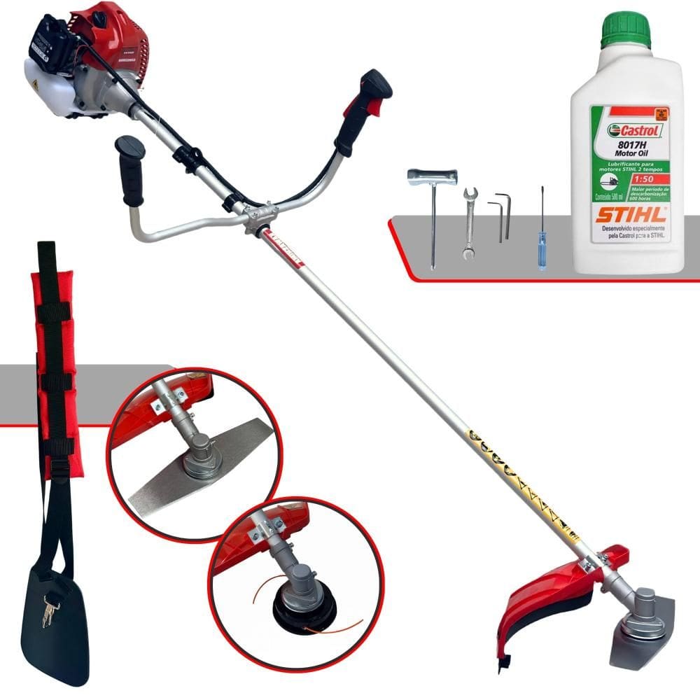 Roçadeira Aparador de Grama À Gasolina Kawashima BCJ431L 43cc 1,7HP de Alta Performance Completa Com Carretel Nylon + Lâmina 2 Pontas + ÓLEO STIHL 2T