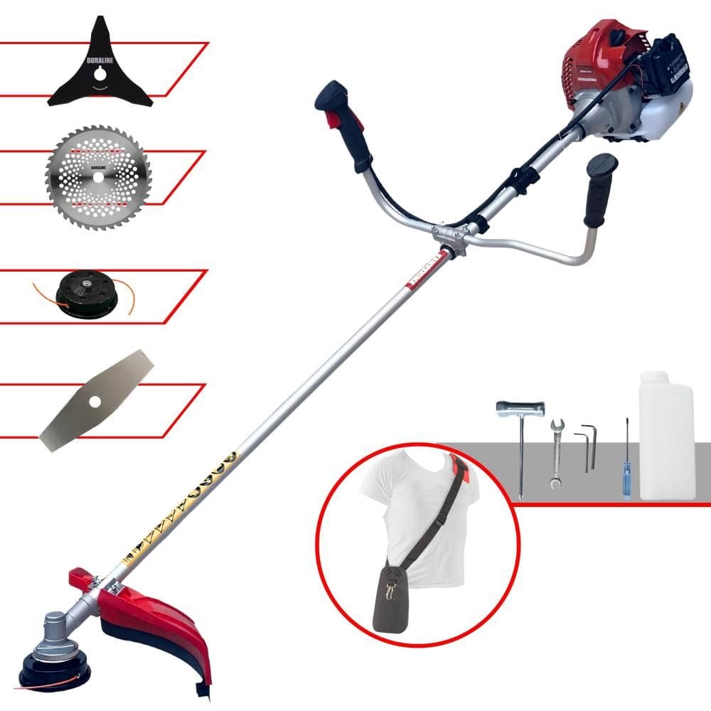 Roçadeira Robusta Kawashima BCJ431L À Gasolina 43cc 1,7HP 4 Opções de Corte Com Lâmina Facão, Lâmina 3 Pontas, Lâmina 40 Dentes e Carretel de Nylon