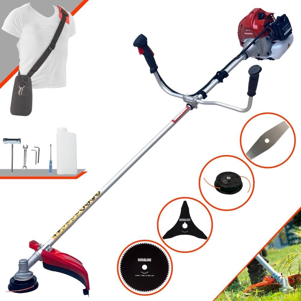 Roçadeira Multifunções Kawashima BCJ431-L À Gasolina 43cc 1,7HP 4 Opções de Corte Com Faca 2 Pontas, Faca 3 Pontas, Faca 80 Dentes e Carretel de Nylon
