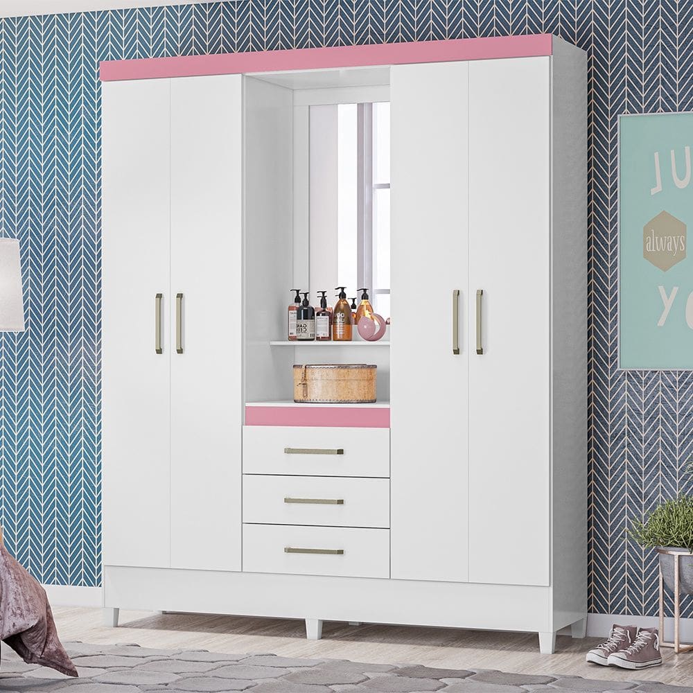 Guarda Roupa Roupeiro Capelinha 04 Portas Pérsia Branco Rosa Flex Demóbile