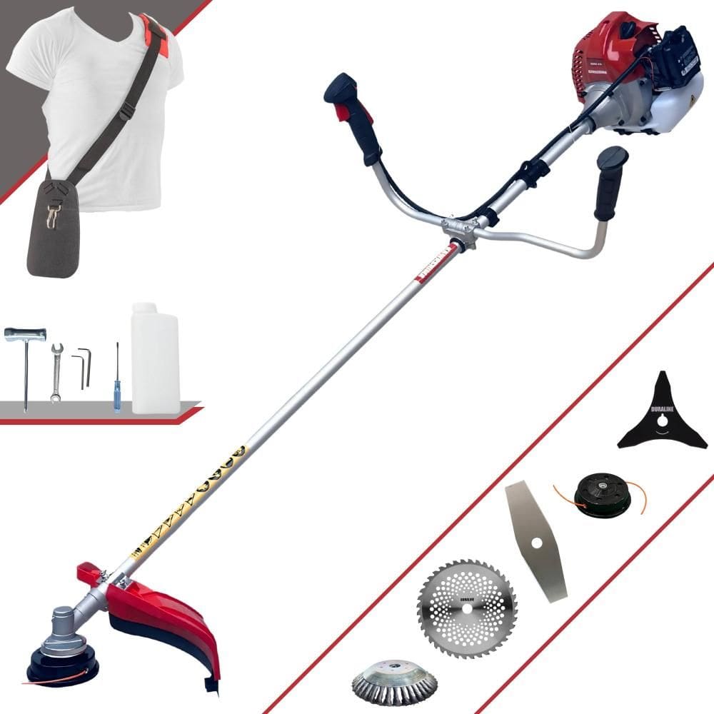 Roçadeira Robusta Kawashima BCJ431-L À Gasolina 43cc 10.000rpm 1,7HP Com Kit 3 Lâminas de Corte, Carretel de Nylon e Escova de Aço Circular 38 Cerdas