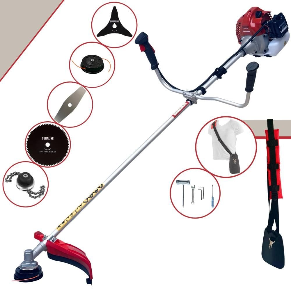 Roçadeira Robusta Kawashima BCJ431L À Gasolina 43cc 1,7HP 5 Opções de Corte Com Lâmina Facão, Lâmina 3 Pontas, Lâmina 80 Dentes, Trimmer e Carretel