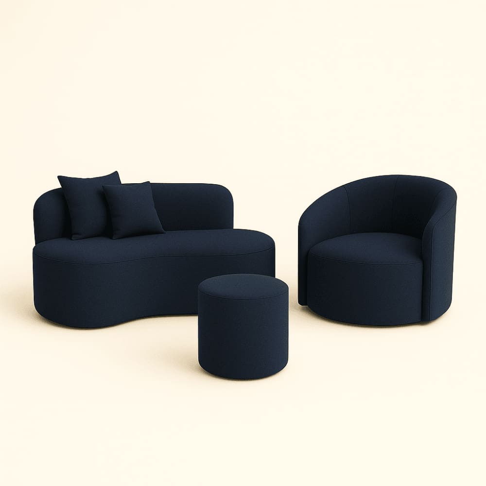 Conjunto 01 Poltrona + Sofá  e 1 Puff Curvo Orgânico Nature Gaia Sued  Azul Marinho - Montanaris Decor