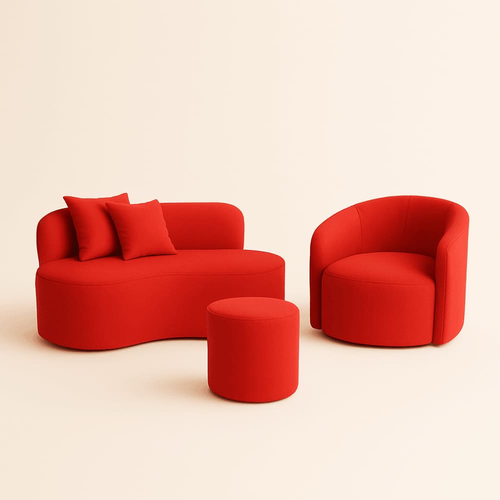 Conjunto 01 Poltrona + Sofá  e 1 Puff Curvo Orgânico Nature Gaia Suede Vermelho - Montanaris Decor