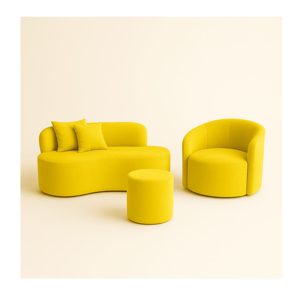 Conjunto 01 Poltrona + Sofá e 1 Puff Curvo Orgânico Nature Gaia Suede Amarelo - Montanaris Decor