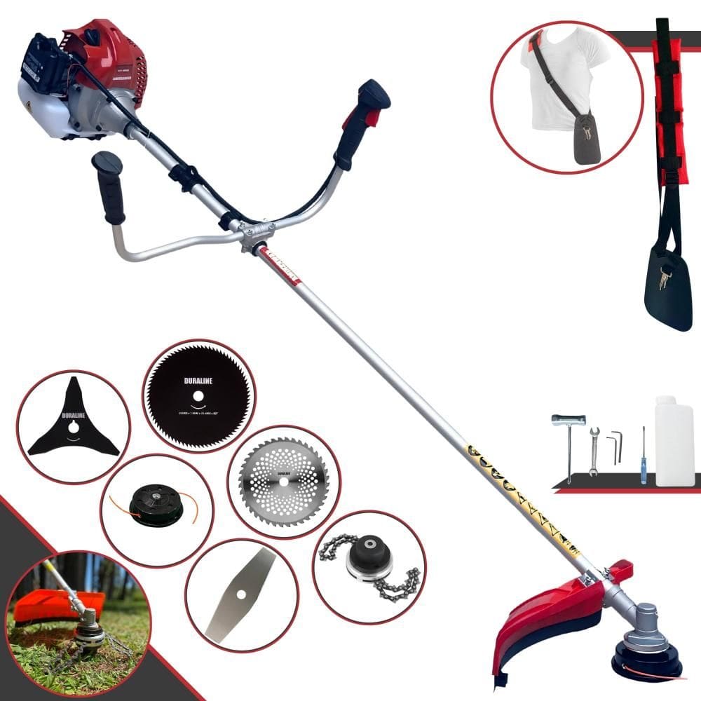 Roçadeira À Gasolina Kawashima BCJ431L 43cc 1,7HP Com Carretel + Faca 2 Pontas + Faca 3 Pontas + Faca 40 Dentes de Vídea + Faca 80 Dentes + Trimmer
