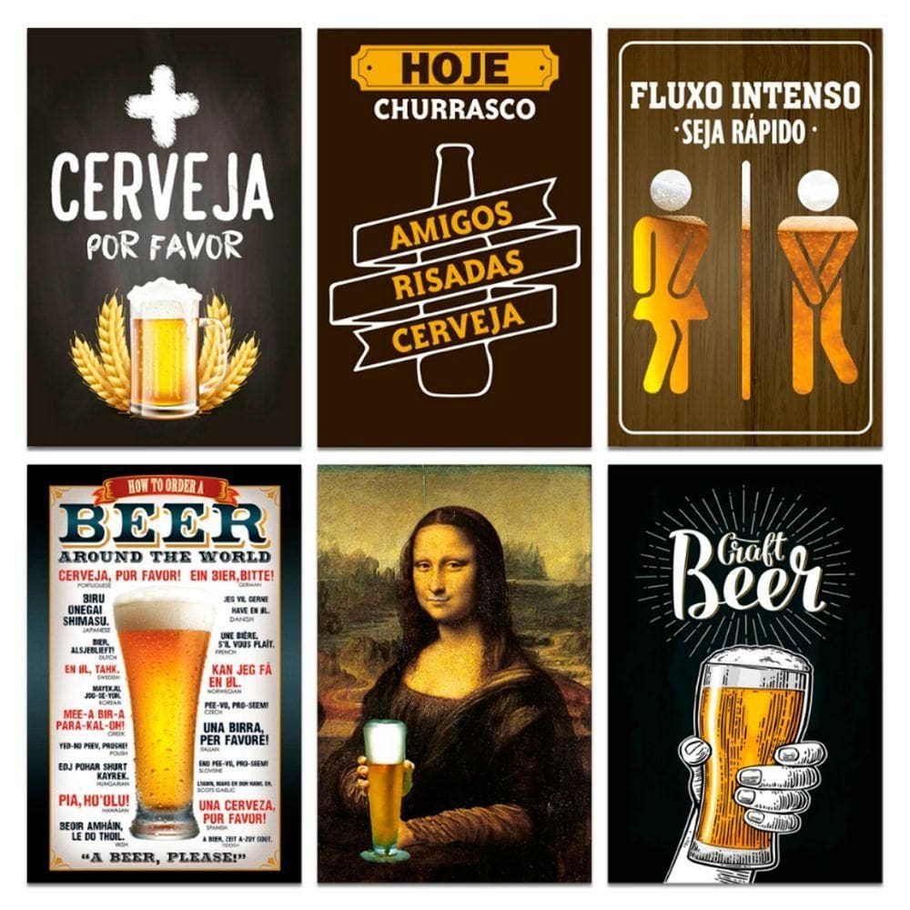 Kit Placas Quadros Decorativos Frases Cerveja 6 Pçs 20x30 Cm