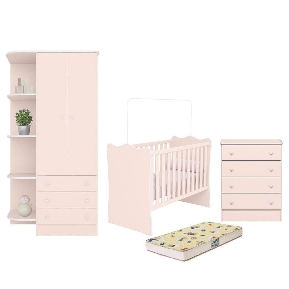 Dormitório Infantil Doce Sonho 2 Portas, Cômoda 4 Gavetas, Berço Rosa Acetinado E Colchão - Qmovi Rosa Acetinado