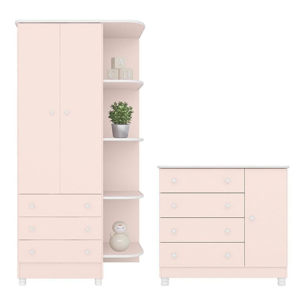 Jogo De Quarto Doce Sonho Guarda Roupa 2 Portas E Cômoda 1 Porta Rosa Acetinado Com Pés - Qmovi Rosa Acetinado