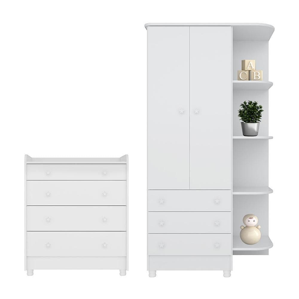 Jogo De Quarto Infantil Doce Sonho Guarda Roupa 2 Portas E Cômoda Trocador Branco Com Pés - Qmovi Branco