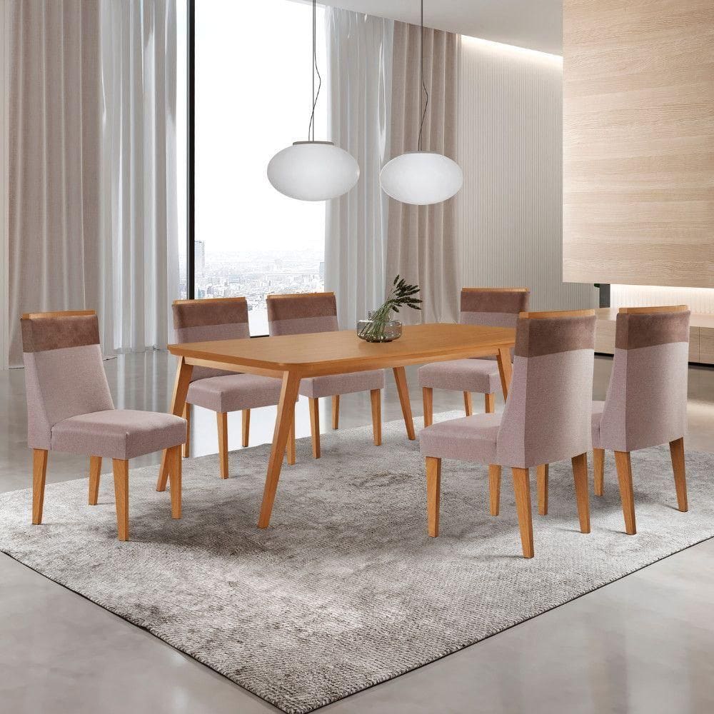 Mesa De Jantar Copper 180cm Tampo Mdf Com 6 Cadeiras Moderna Linho Capuccino / Tork /