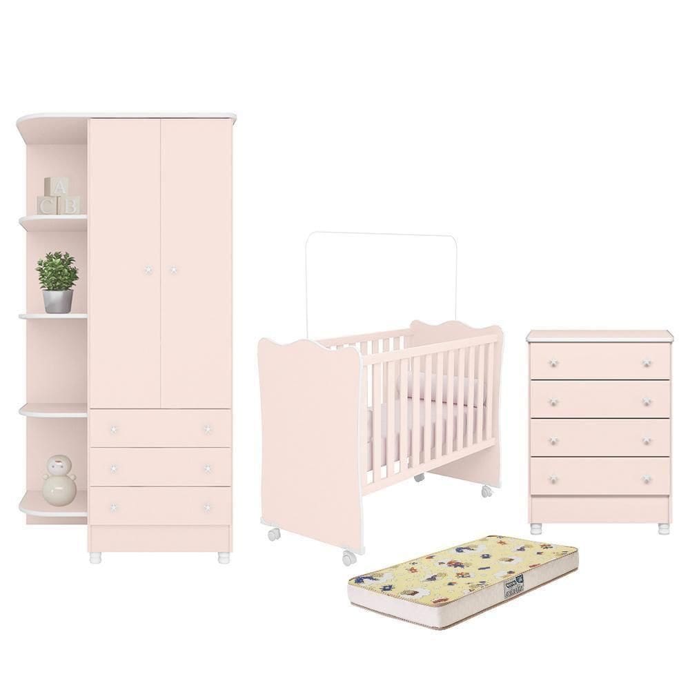 Dormitório Doce Sonho 2 Portas, Cômoda 4 Gavetas E Berço Rosa Acetinado Com Rodízio E Colchão D18 - Qmovi Rosa Acetinado